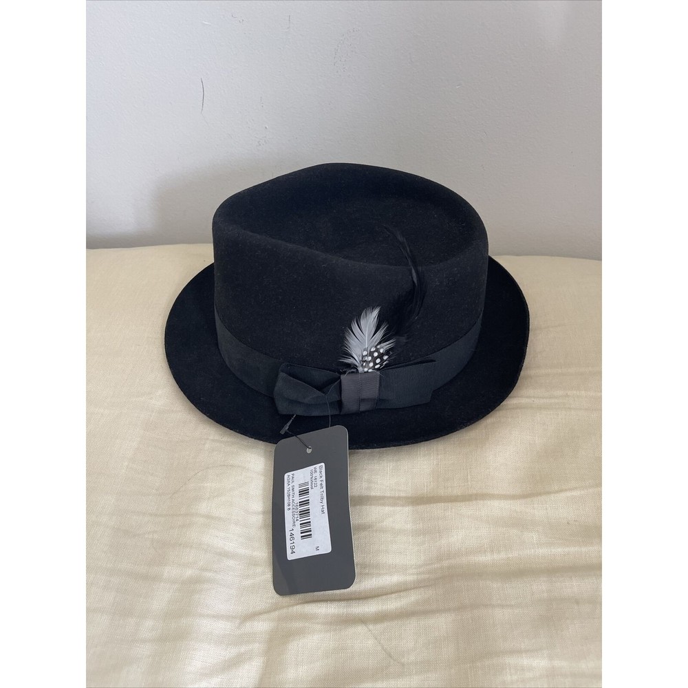 Paul Smith Black Felt Trilby Hat - Wool With Feather Purple Lined